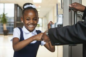 A young girl in a school uniform smiles broadly as she gives a fist bump to an adult at a doorway. She has a white hairband and is in a well-lit hallway.