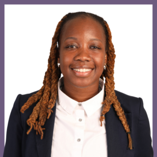 Portrait of a person with long braided hair wearing a navy blazer and white collared shirt. They are smiling and facing the camera against a plain white background with a purple border.
