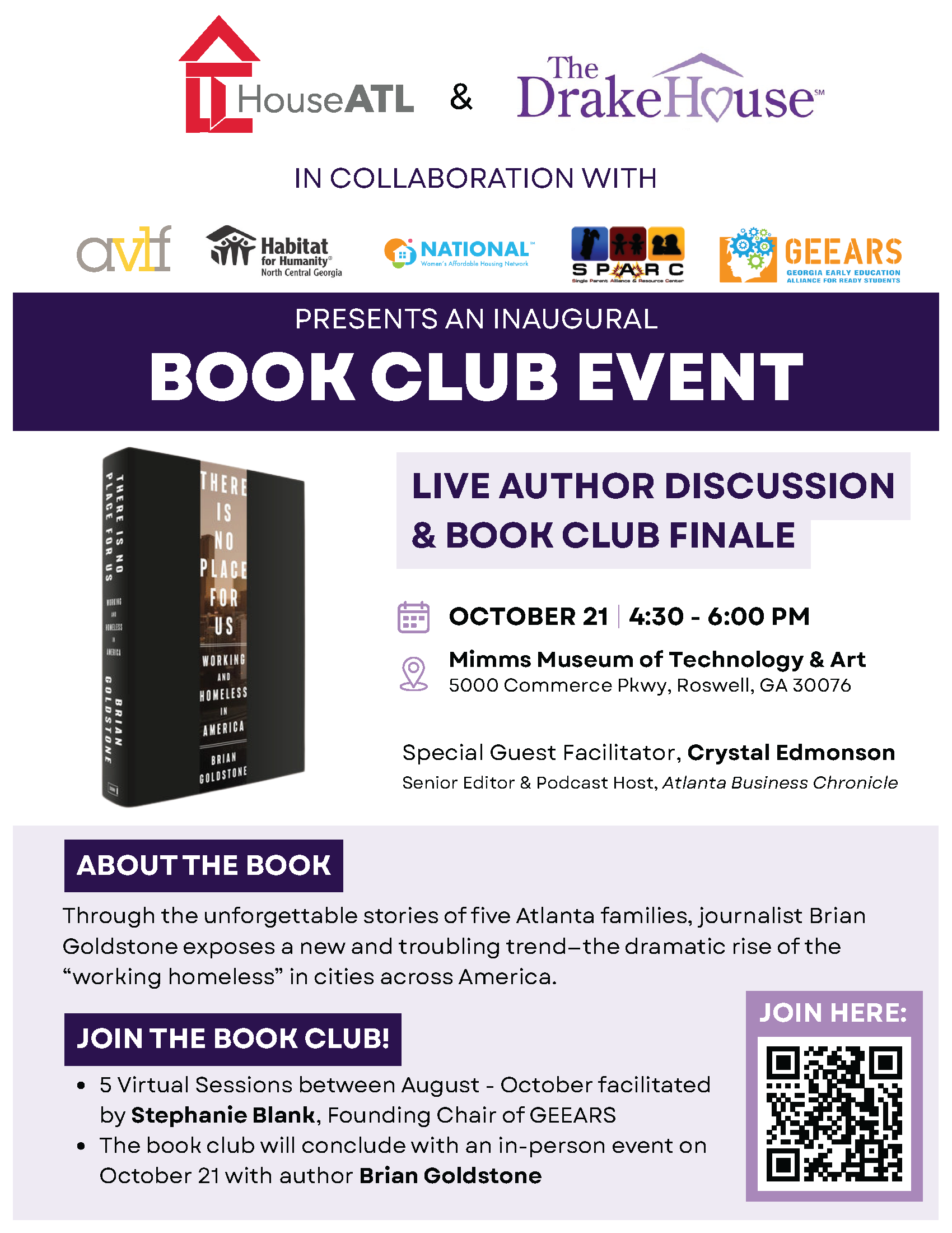Flyer for a book club event featuring "There Is No Place Like Home" by Brian Goldstone. Includes event details, facilitator info, book summary, and partnering organizations’ logos.