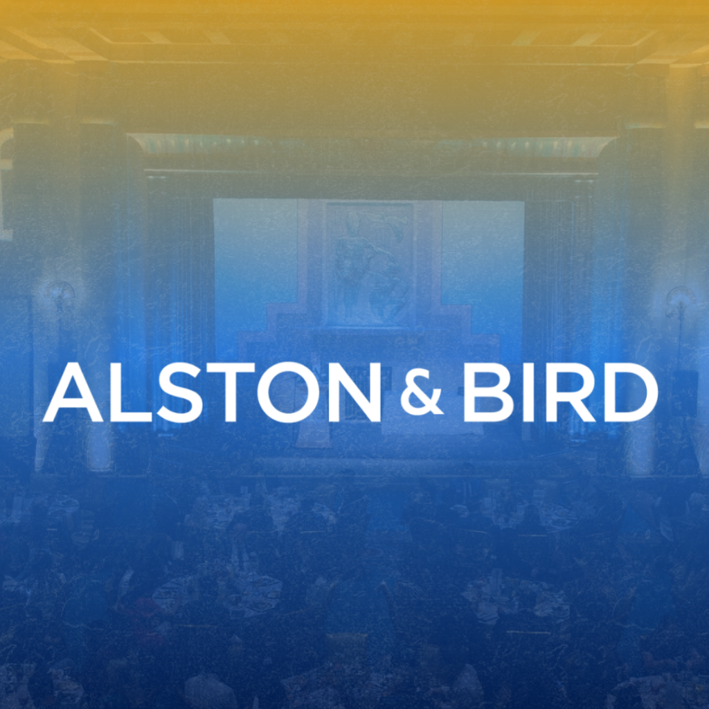 Large white text reading "ALSTON & BIRD" appears over a blue and yellow gradient background, with a faint image of a stage and audience visible behind the text.
