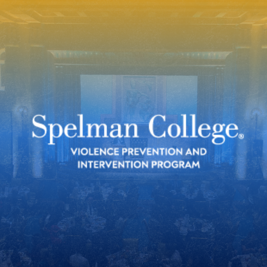 Spelman College Violence Prevention and Intervention Program logo over a blue and gold gradient background.