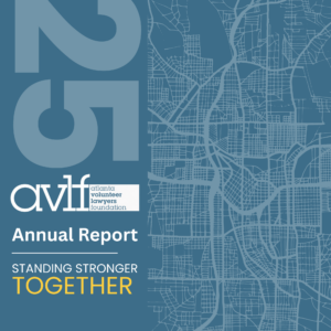 Cover of the Atlanta Volunteer Lawyers Foundation 2023 Annual Report, featuring a blue map design, large 