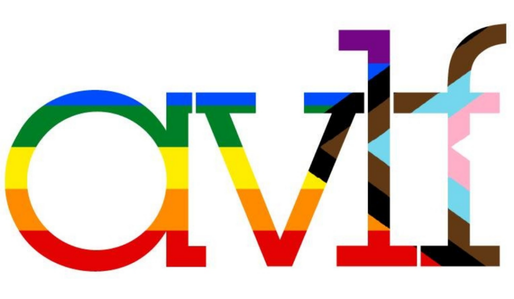 The letters "avif" are displayed in a bold font filled with rainbow, brown, black, light blue, pink, and white stripes representing the Progress Pride Flag—honoring Pride Month and supporting LGBTQ housing instability and legal help in Atlanta.