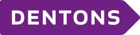 The image shows a purple arrow-shaped logo with the word “DENTONS” in white, bold, capital letters centered inside.