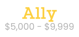 The word “Ally” in yellow text appears above the gray text “$5,000 - $9,999” on a light background.