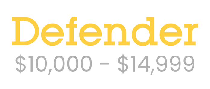 The word “Defender” in large yellow font above the text “$10,000 - $14,999” in gray font on a white background.