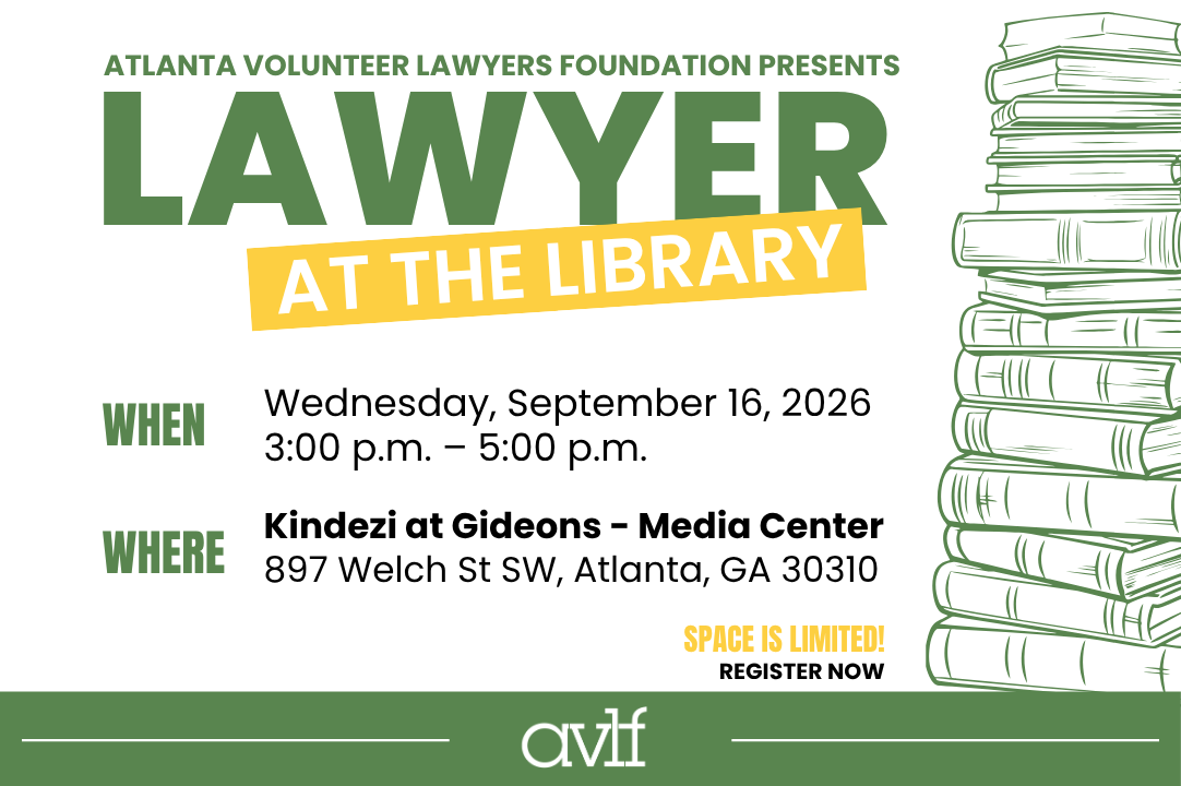 Event flyer for “Lawyer at the Library” on September 16, 2026, from 3-5 p.m. at Kindezi at Gideons Media Center, Atlanta, GA. Space is limited; registration info included. Stack of books on the right.