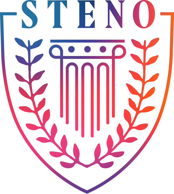 A shield with “STENO” at the top, a stylized classical column in the center, and symmetrical laurel branches on both sides. The design uses a gradient of blue, purple, and pink colors.