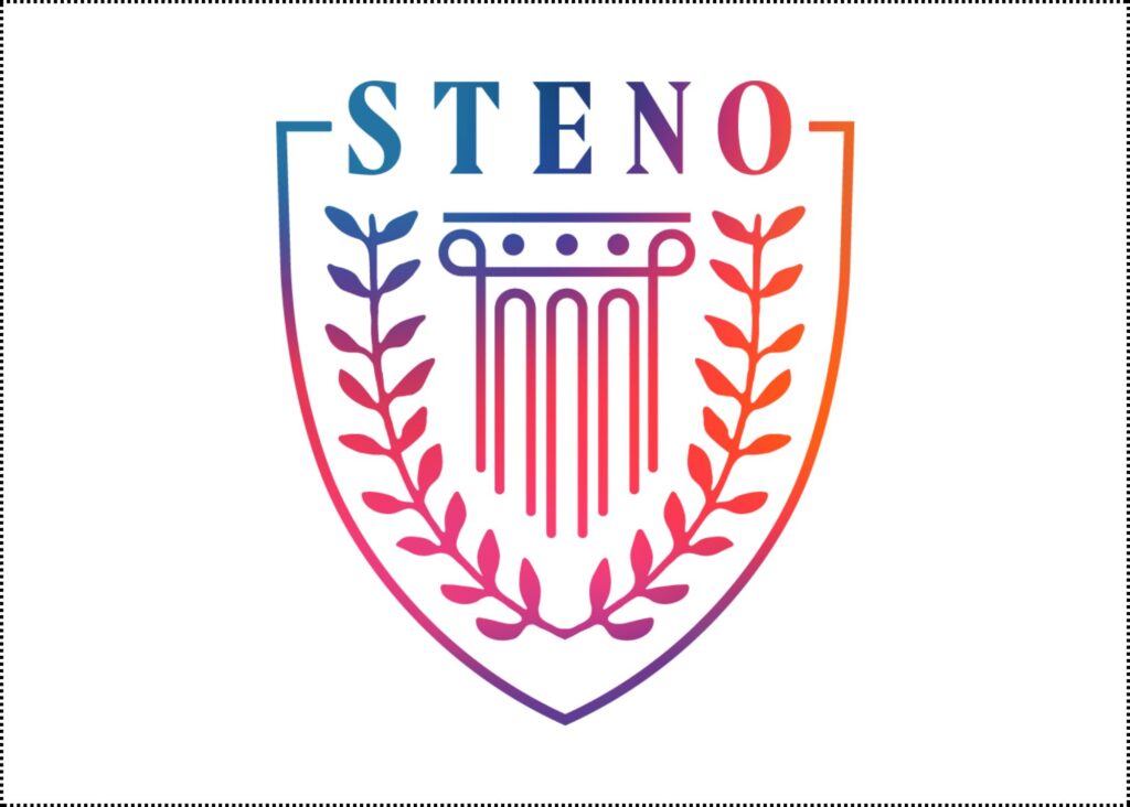 A shield-shaped logo with “STENO” at the top, a classical column in the center, and laurel branches on both sides. The design features a gradient of blue, purple, and red colors.