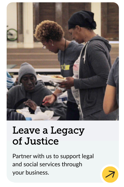 Two women stand beside a seated man, offering him food at what appears to be a community event, with text inviting support for legal and social services.