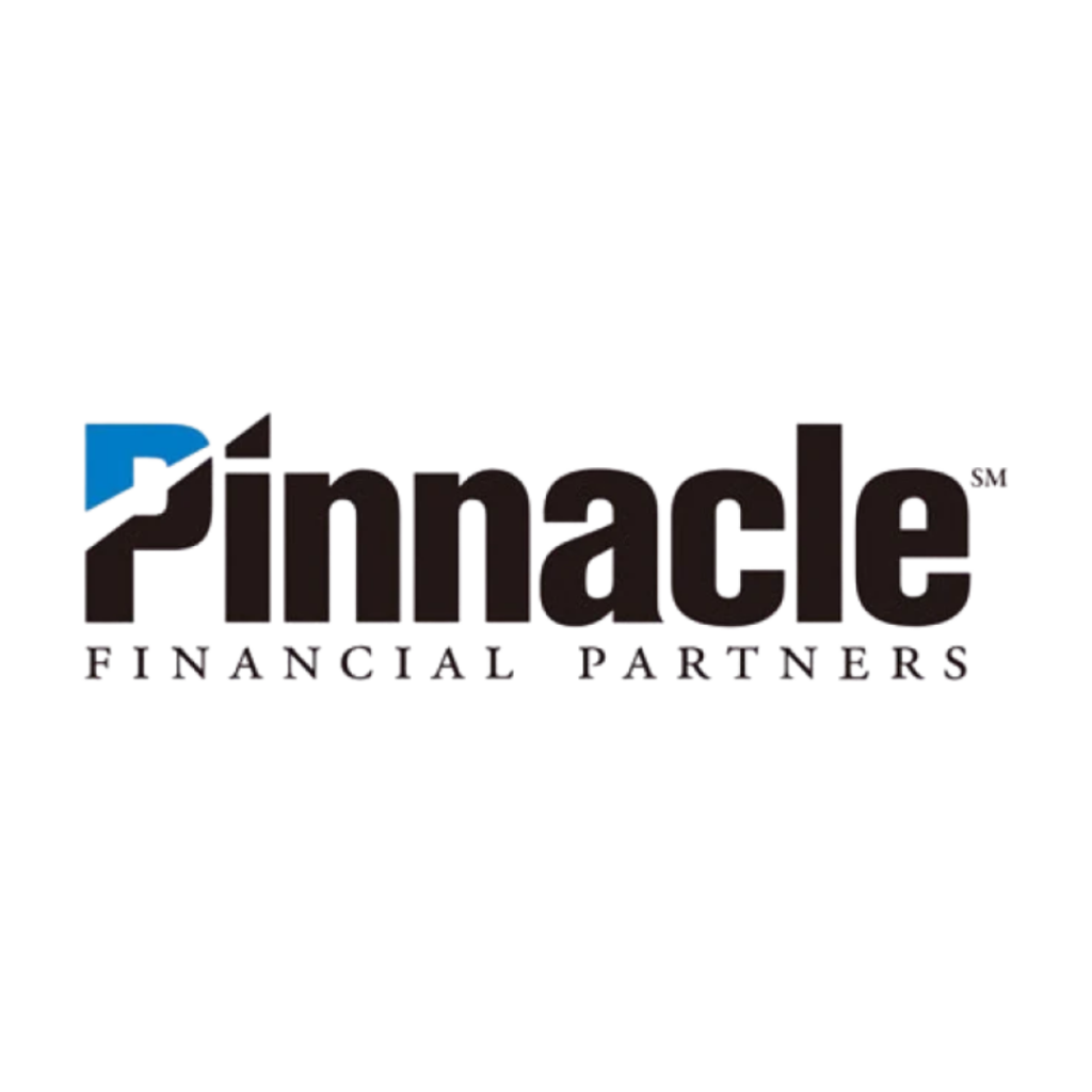 Pinnacle Financial Partners logo with bold black text, a blue triangle forming part of the “P” in “Pinnacle,” and “FINANCIAL PARTNERS” in smaller letters below.