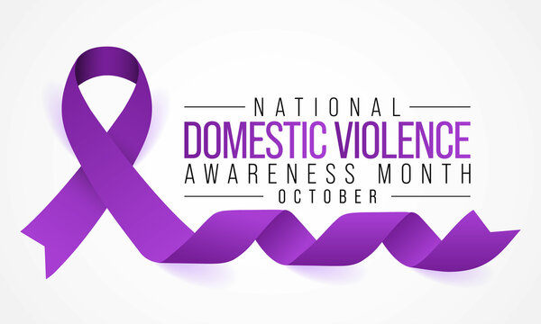 A purple ribbon with text reading “National Domestic Violence Awareness Month October” on a white background.