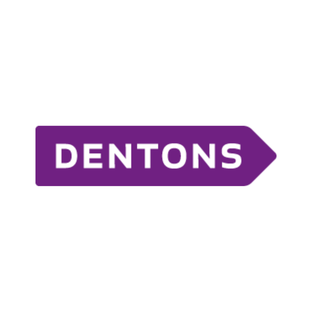 Purple arrow shape with the word “DENTONS” in white capital letters inside, on a white background.