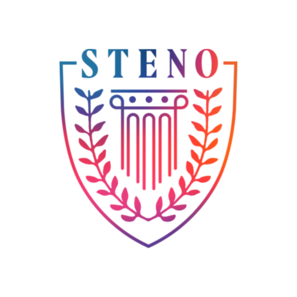 A shield-shaped logo with “STENO” at the top, a column in the center, and laurel branches on each side, all in a gradient of blue, purple, pink, and orange on a white background.