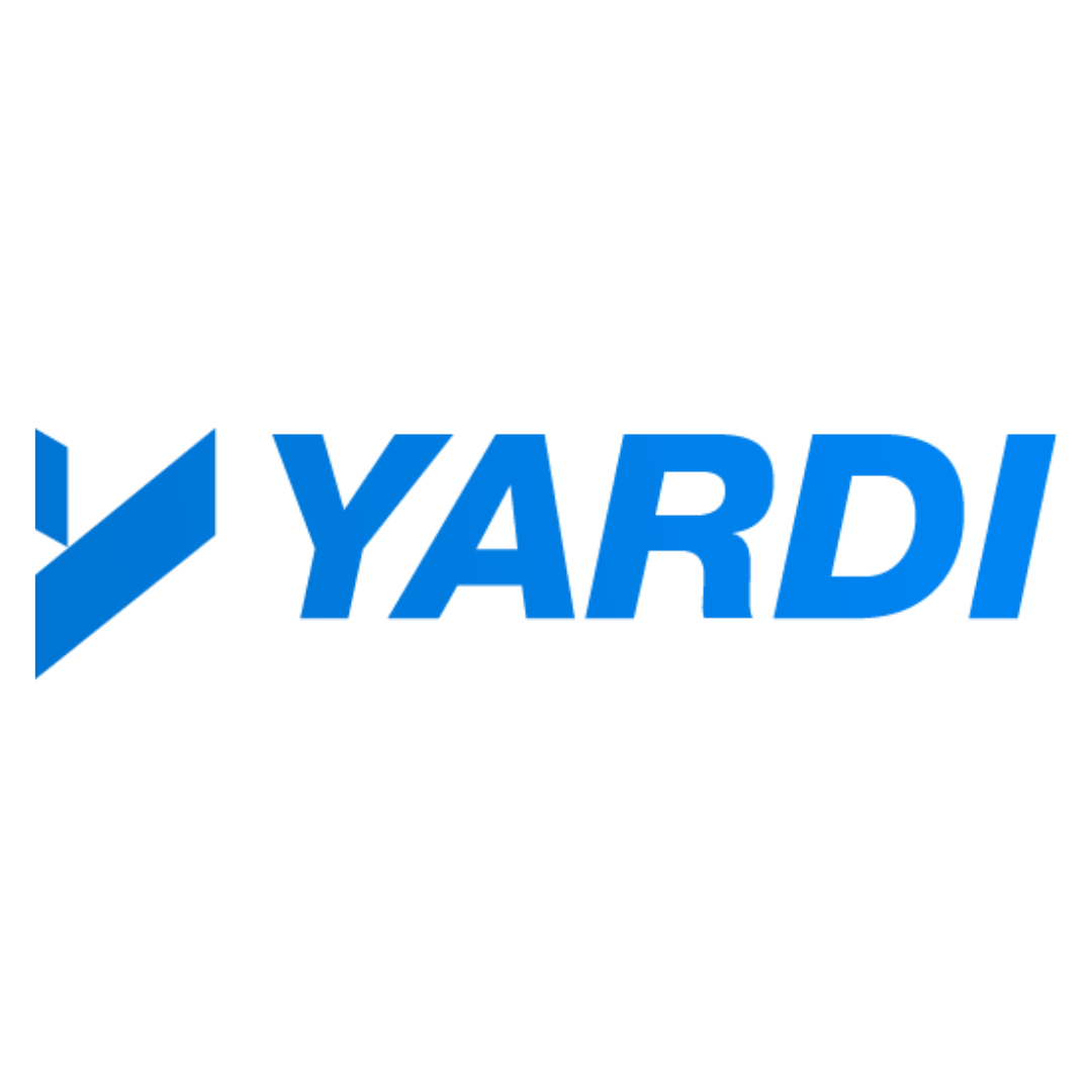 Blue Yardi logo with a stylized “Y” shape on the left, followed by the word “YARDI” in bold blue uppercase letters on a light gray background.