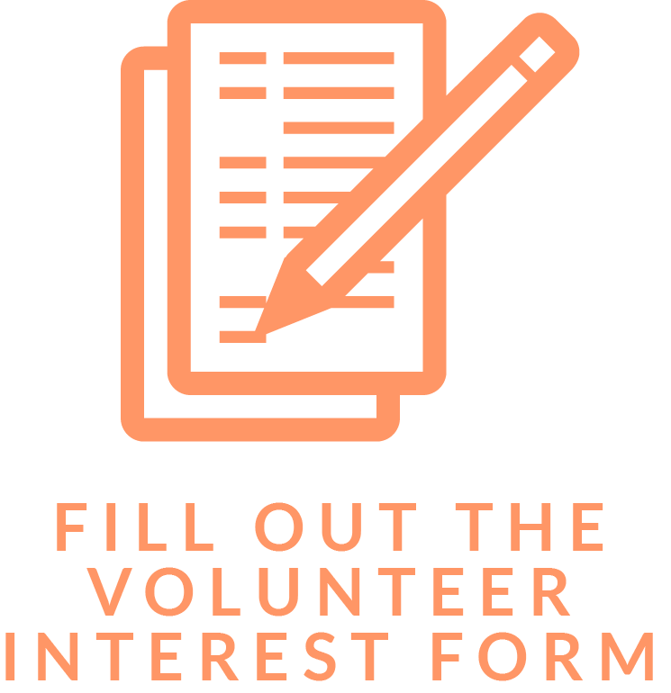 button image of papers and pencil with the caption "FILL OUT THE VOLUNTEER INTEREST FORM"